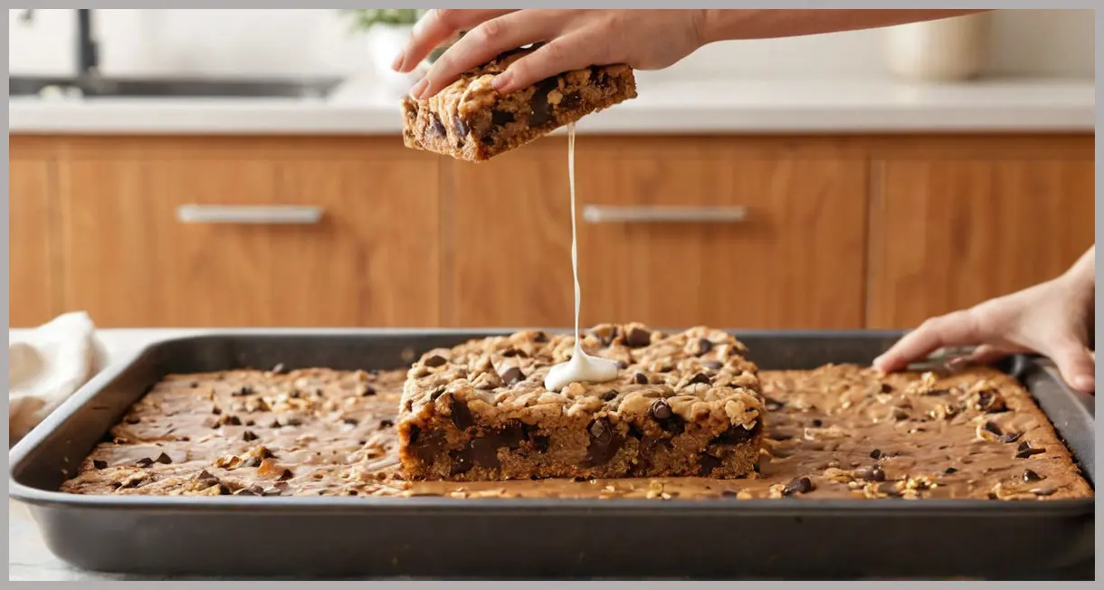 Side shot of a vegan chocolate chip oat bar lifted from tray, stringy melted chocolate, golden edges, warm lighting.