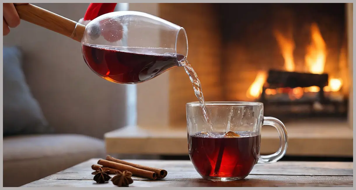 A polished silver ladle pouring steaming Christmas mulled wine into a clear heatproof glass tumbler, with aromatic steam rising and a warm fireplace glow in the background.