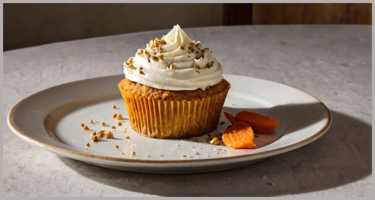 A half-eaten nut-free carrot cupcake with a bite taken out, revealing its moist interior and carrot specks under dramatic side lighting. Nut-free carrot cupcakes