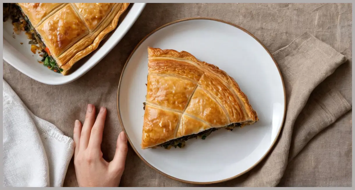 Veggie steak slice cut in half, overhead flat lay, puff pastry edges crimped, umami-rich filling glistening under natural daylight, serene presentation.