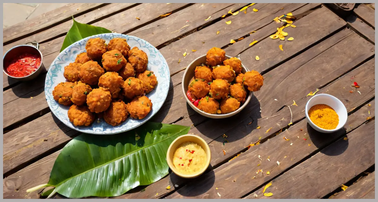 Jodhpuri mirchi vada on banana leaf with Holi powder splashes, golden sunlight, festive wooden table. Jodhpuri mirchi vada (spiced chilli fritters)