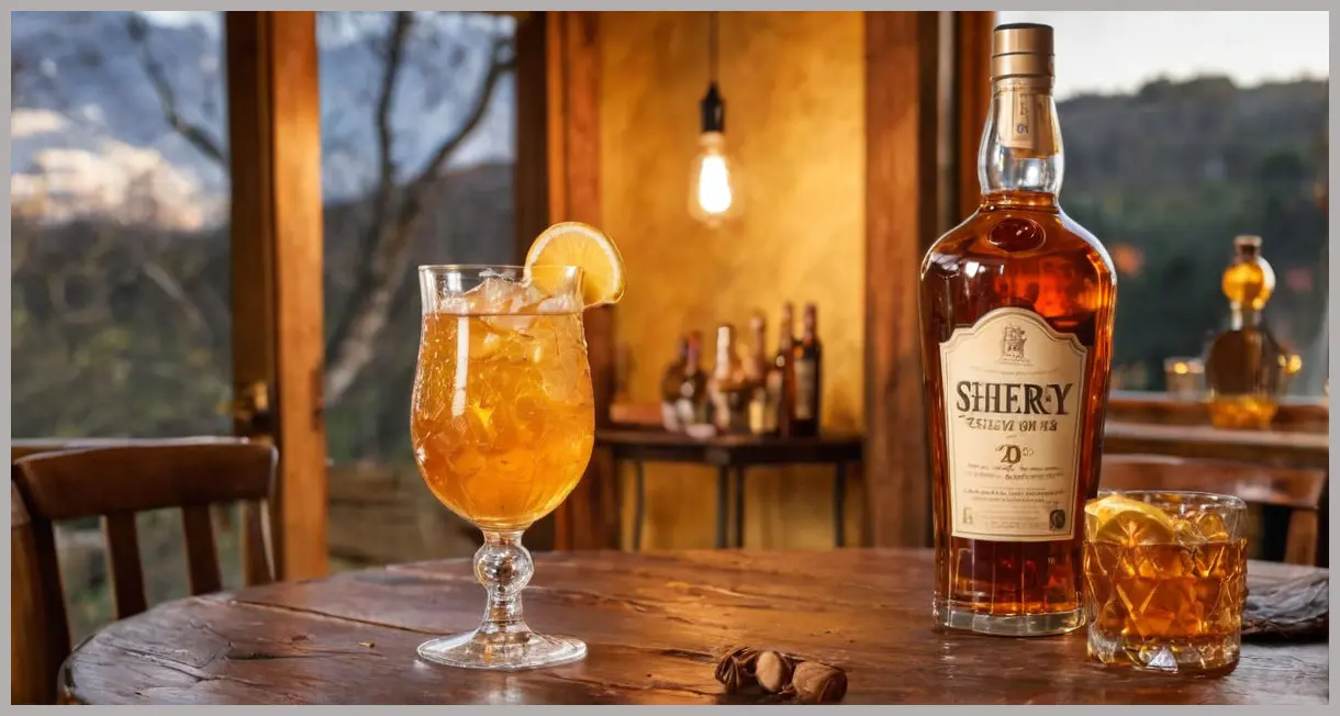 A rustic wooden table with a sherry spritz cocktail, bathed in golden hour light, evoking holiday warmth. Sherry spritz