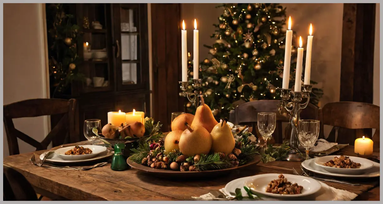 Wide-angle of a holiday table with stuffing as centerpiece, candlelit ambiance, rustic tableware, festive greenery, warm and intimate. Caramelised onion, pear and chestnut stuffing