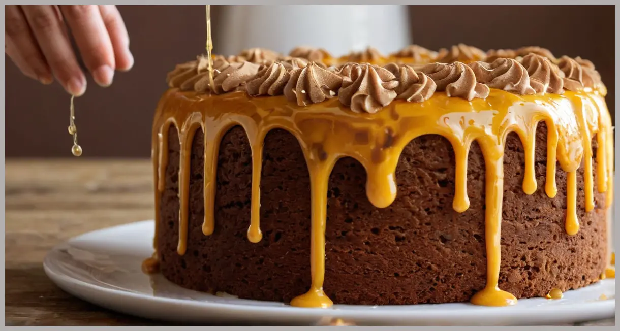 Close-up of ginger and honey biscuit cake with choc-orange icing, golden honey drizzle, and glossy swirls in soft studio light.