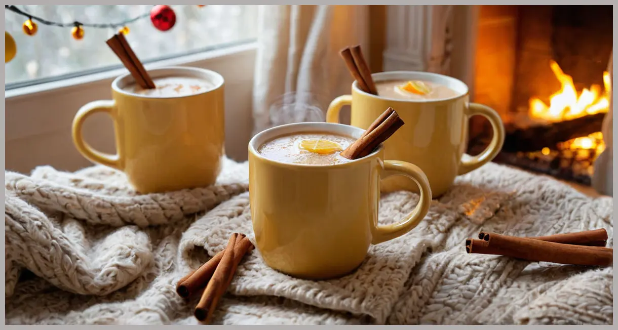Three steaming hot buttered rum ceramic mugs, garnished with cinnamon sticks and lemon twists, arranged on a cozy plaid blanket with fairy lights.