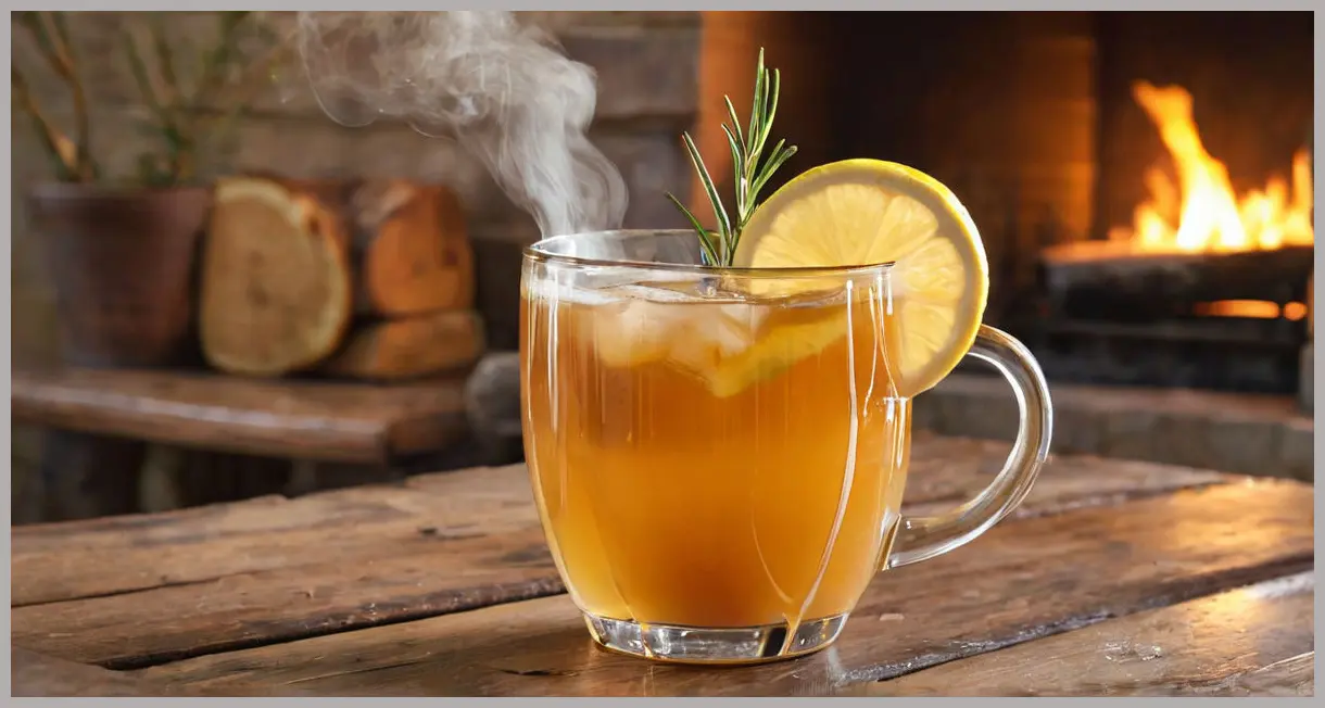 A close-up of a steaming hot buttered rum in a clear heatproof mug, garnished with lemon and rosemary, on a rustic table by a blurred fireplace.