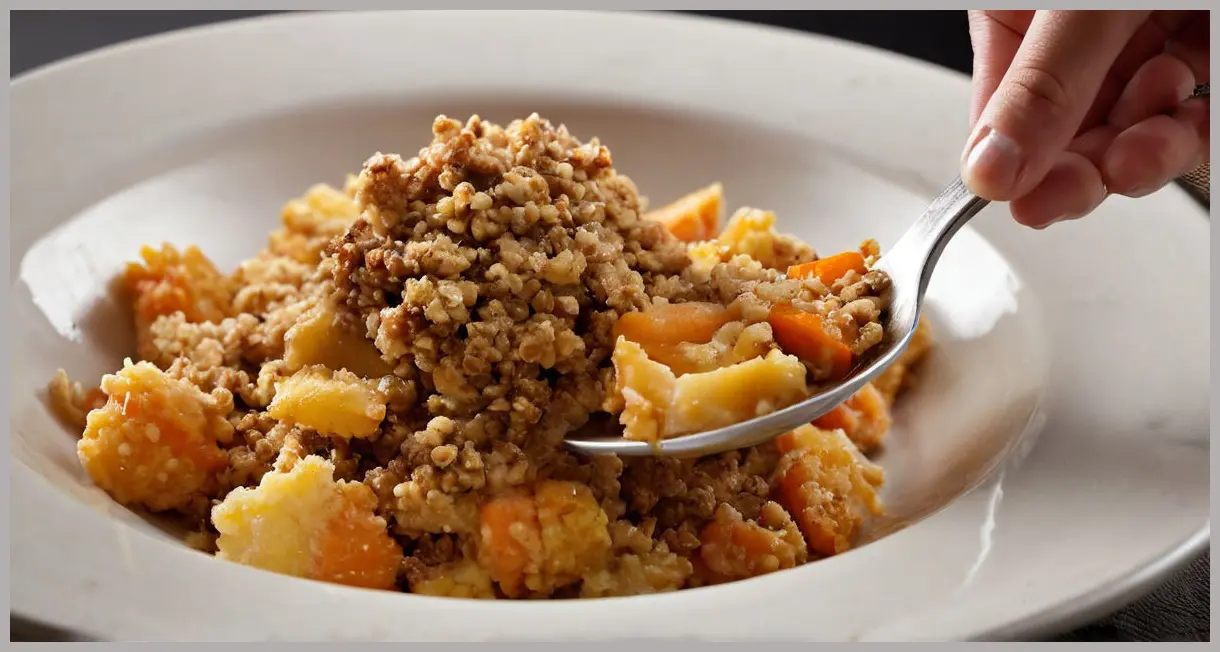 Macro shot of a spoon lifting confit parsnip and carrot crumble, creamy sauce stretch, golden crumble texture, dramatic lighting. Confit parsnip and carrot crumble