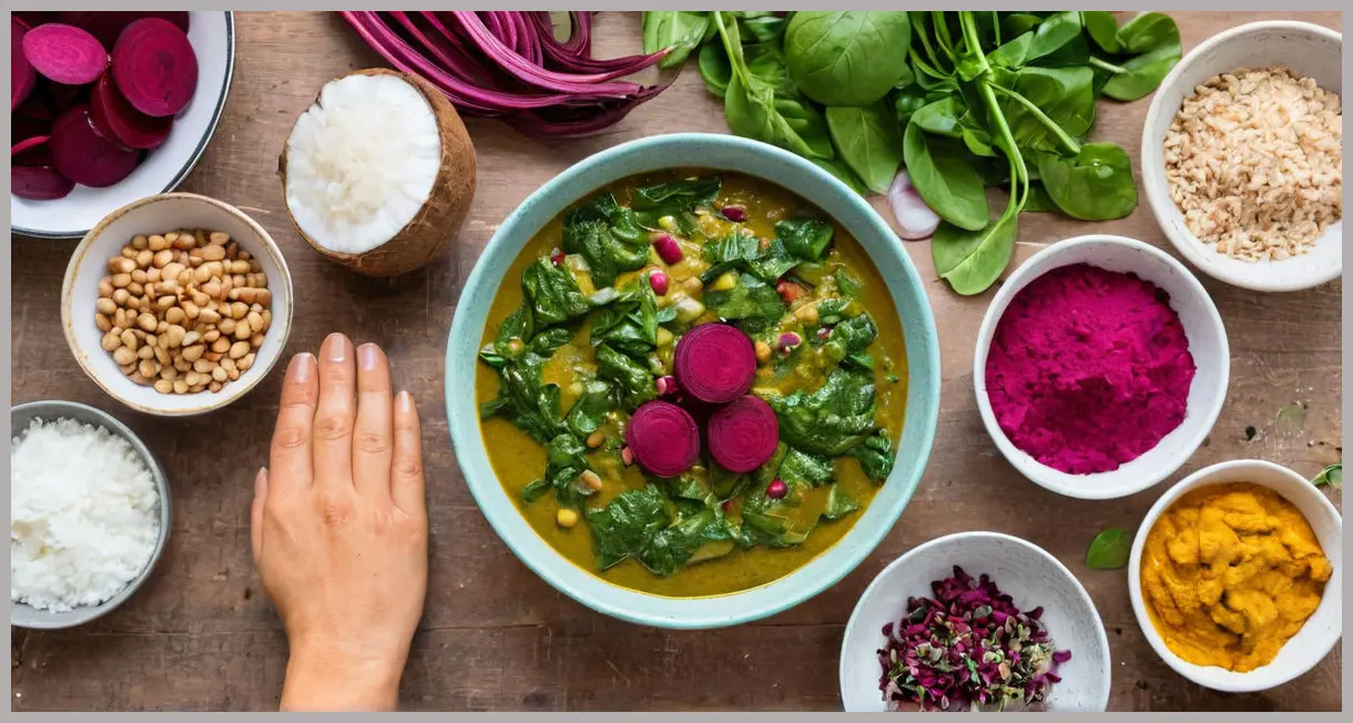 Top-down flat lay of beetroot, spinach, coconut, lime, and spices arranged with a bowl of curry, bright natural light.