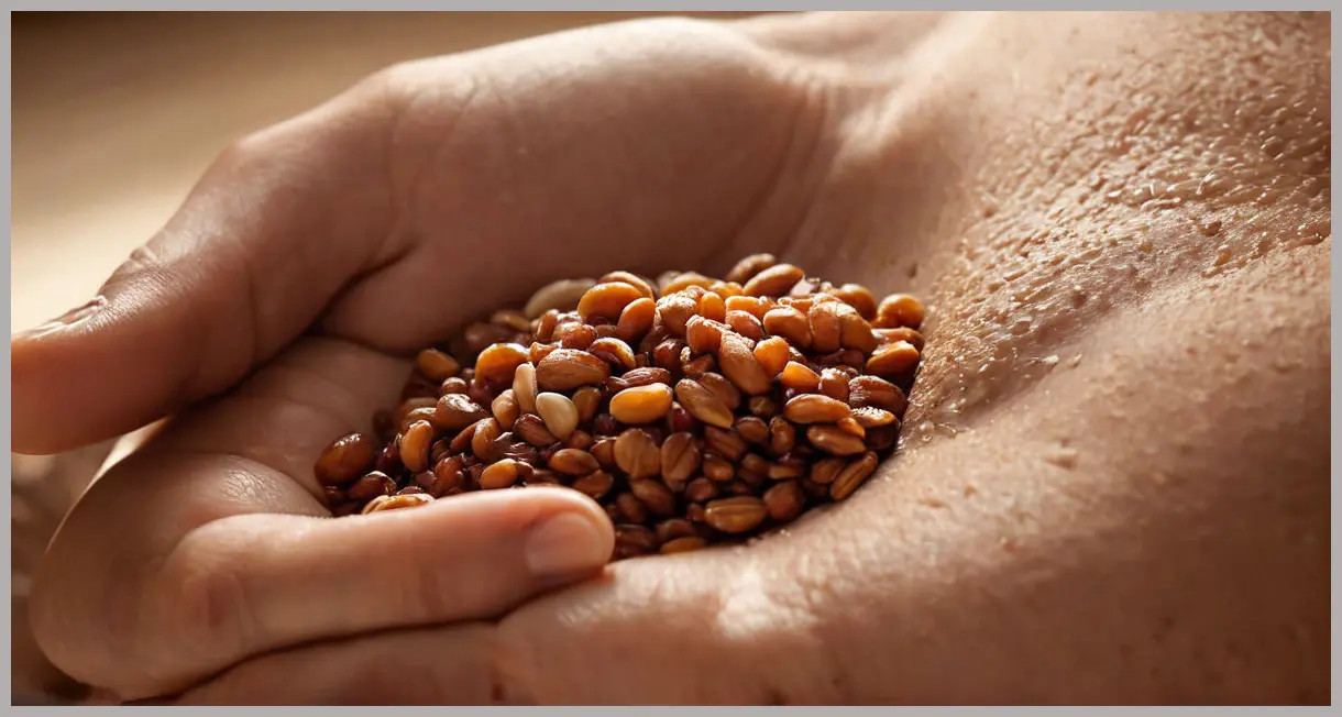 Extreme close-up of a red rice grain on a cashew, backlit by warm kitchen lights. Stir-fried red rice