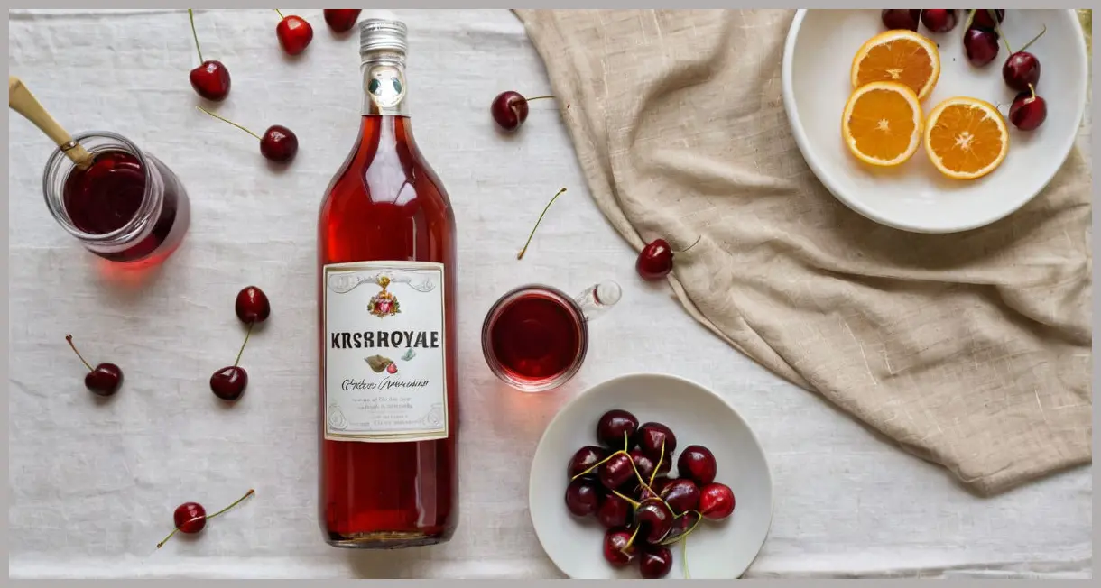 Pristine Kirsch royale ingredients—Kirschwasser, cherry syrup, sparkling wine, and cherries—artfully arranged on a light linen tablecloth under natural light.