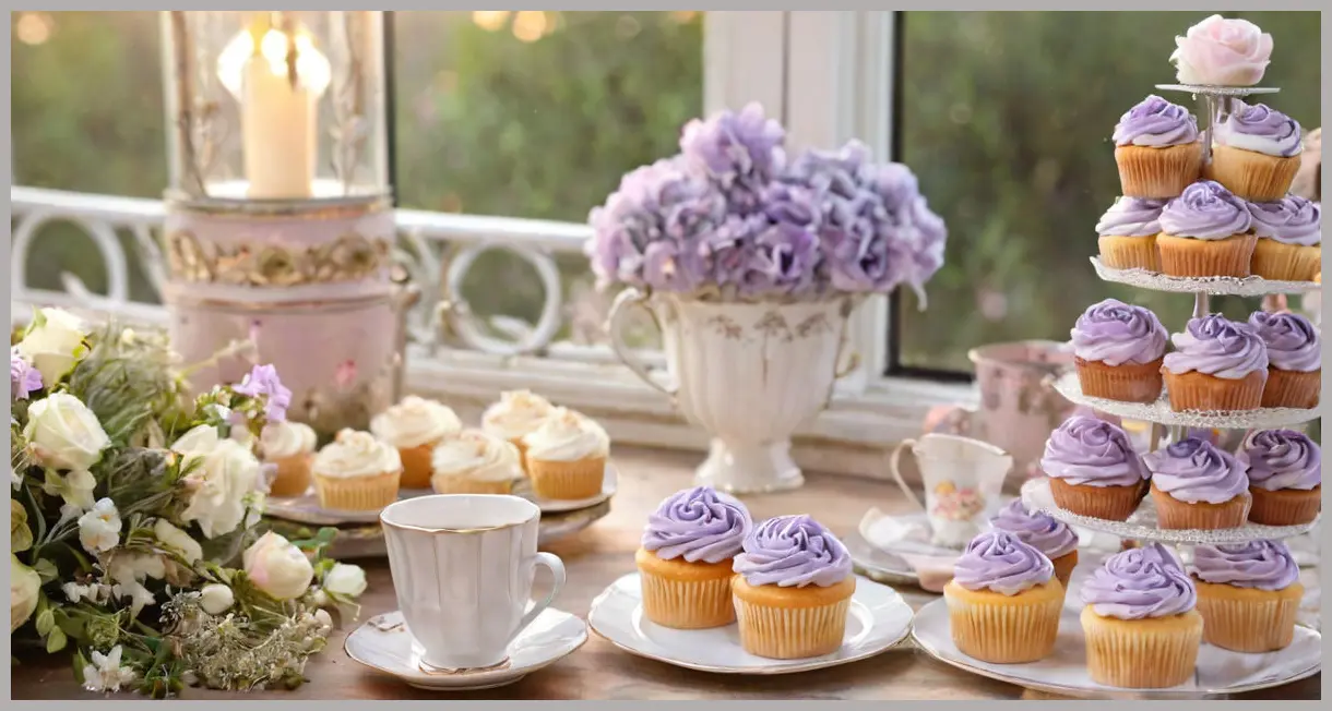 Wide-angle shot of lavender cupcakes displayed on a vintage teacup tower, bathed in soft backlighting with pastel hues.