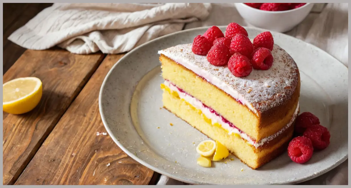 Overhead view of sliced Raspberry and lemon sponge cake, revealing raspberry cream filling and lemon zest, on a rustic wooden table.