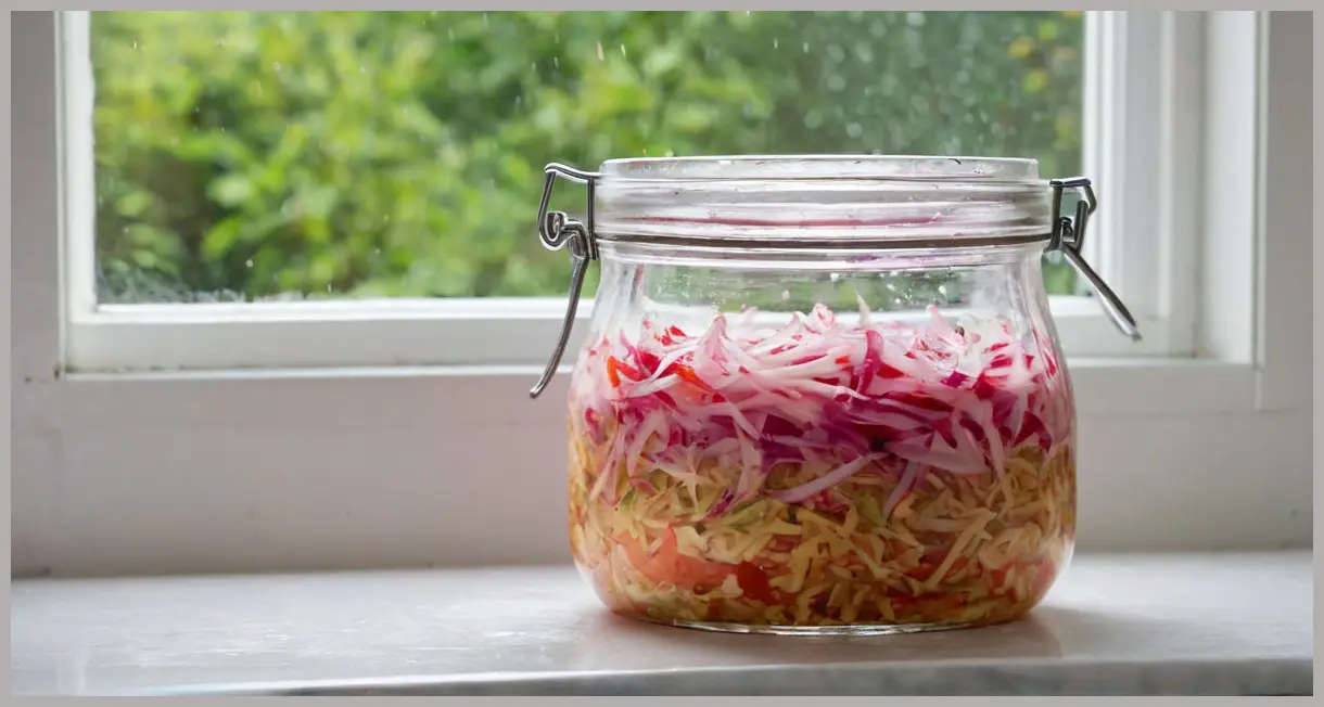 Taco slaw with pink pickled onions in a clear glass jar, side profile, soft window light, condensation, layered ingredients visible.