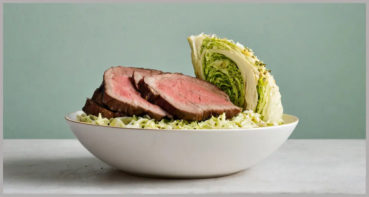 Side-view cross-section of seared beef and savoy cabbage in a bowl, revealing layers of sauce, peanuts, herbs, and lime zest.