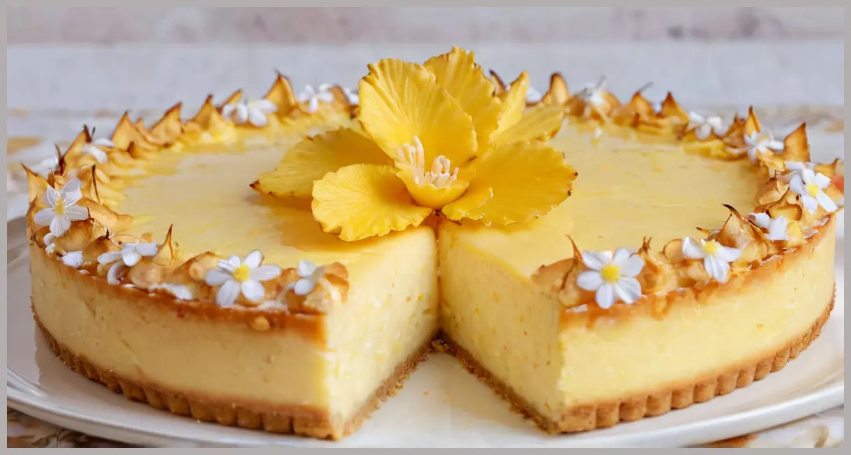 A hyper-detailed close-up of Baked lemon cheesecake with pineapple flowers, showcasing creamy filling, golden crust, and vibrant pineapple petals in floral arrangement.