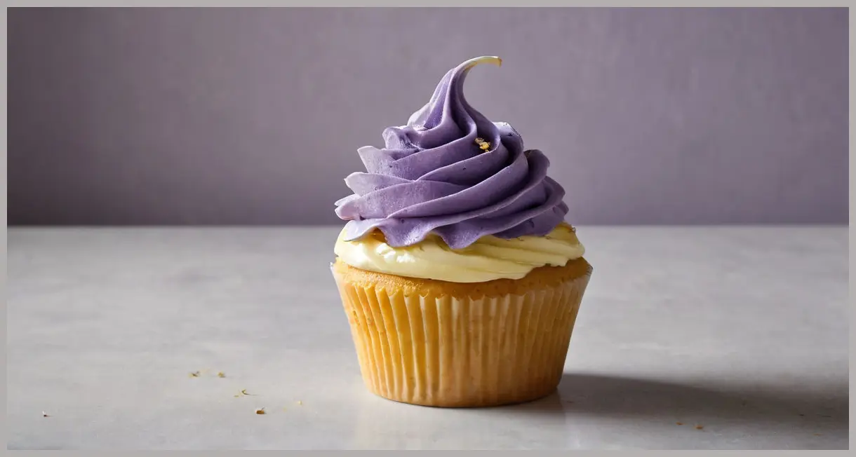 Macro shot of a single lemon-lavender cupcake with glossy frosting and lemon zest, lit dramatically for a moody effect.