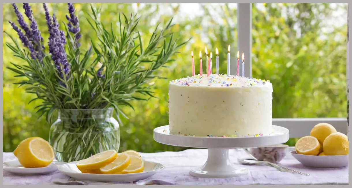 Wide-angle shot of gluten-free birthday cake sponge with lemon zest and lavender in bright morning sunlight. Gluten-free birthday cake sponge