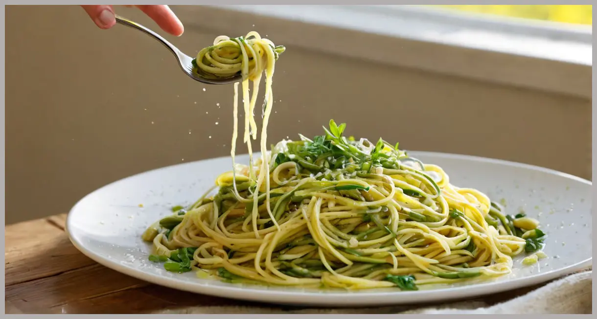 Extreme close-up of vegan pesto spaghetti with lemon and courgettes, highlighting a twirl of pasta, lemon zest, and a split broad bean.