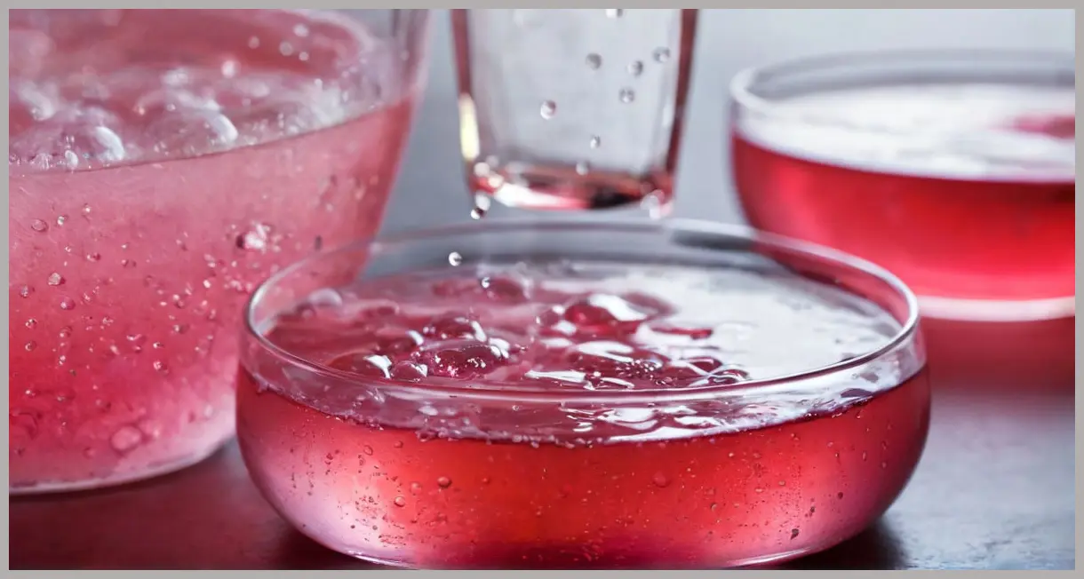 Extreme close-up of Easy rhubarb cordial in a glass, ruby-red bubbles and gradients, backlit by soft blue light, high contrast and mystery.