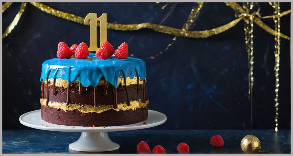 Wide shot of a layered gluten-free birthday cake sponge with raspberry filling, chocolate ganache, and gold leaf under neon glow. Gluten-free birthday cake sponge