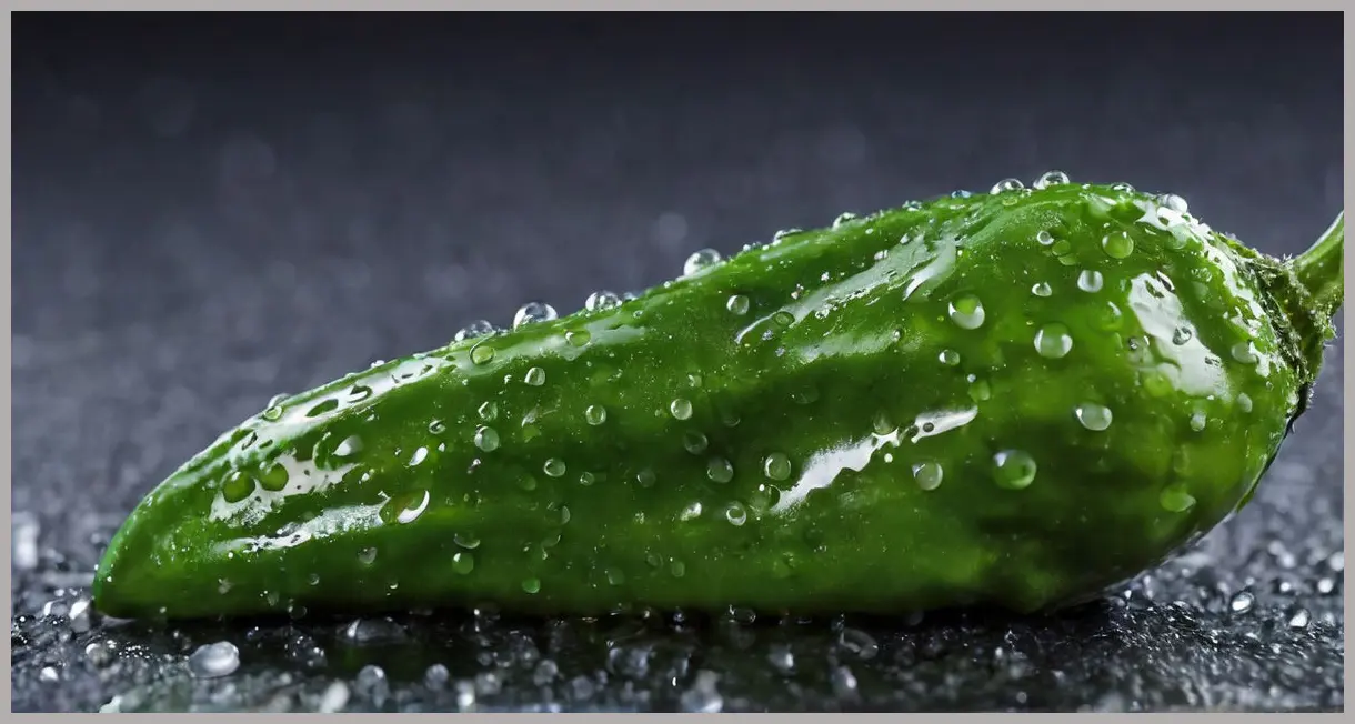 Extreme close-up of a single blistered Padron pepper, glistening with oil and salt, cool side lighting. Padron peppers