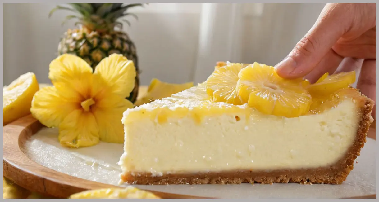 Extreme macro close-up of a pineapple flower petal on Baked lemon cheesecake with pineapple flowers, backlit with a halo effect and dewdrops visible.