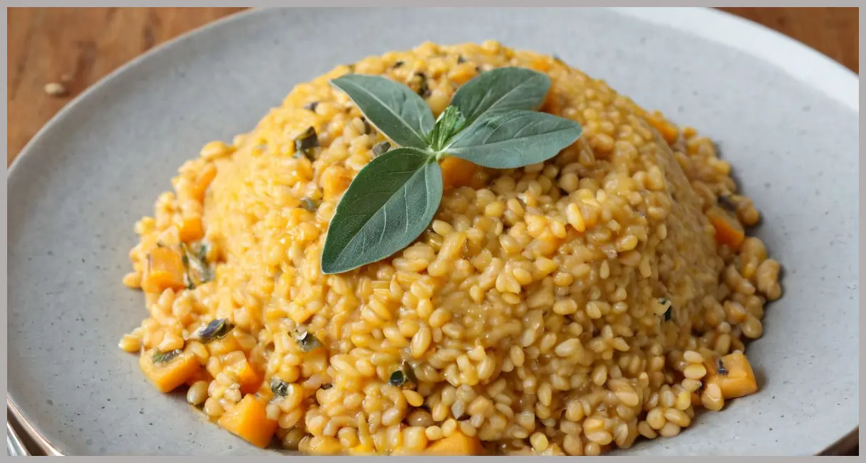 A macro shot of vegan butternut squash risotto with millet, topped with a single sage leaf and hazelnut under cool light.