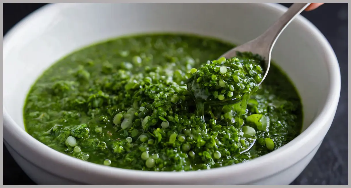 Extreme close-up of a spoon lifting thick green coriander chutney, revealing intricate textures and air bubbles. Green coriander chutney