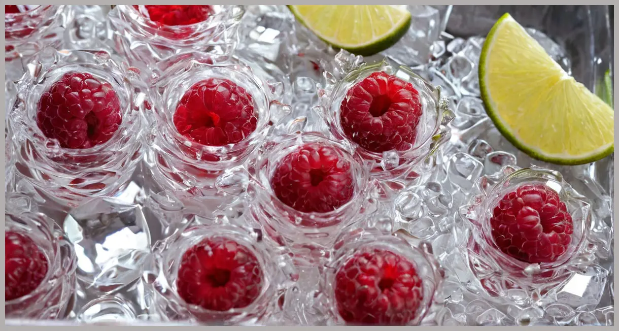 A photorealistic macro shot revealing the intricate surface of The delicious. gin party punch, showcasing ice cubes, ruby-red liquid, lime zest, and black raspberries under soft overhead light.