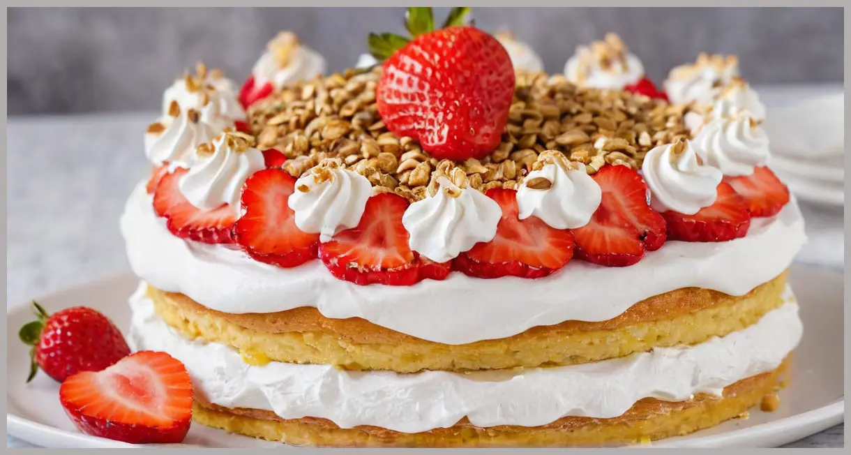 Extreme macro of a strawberry nestled in lemon curd within a meringue cake, revealing seeds, zest specks, and sugar granules under precise ring light illumination.