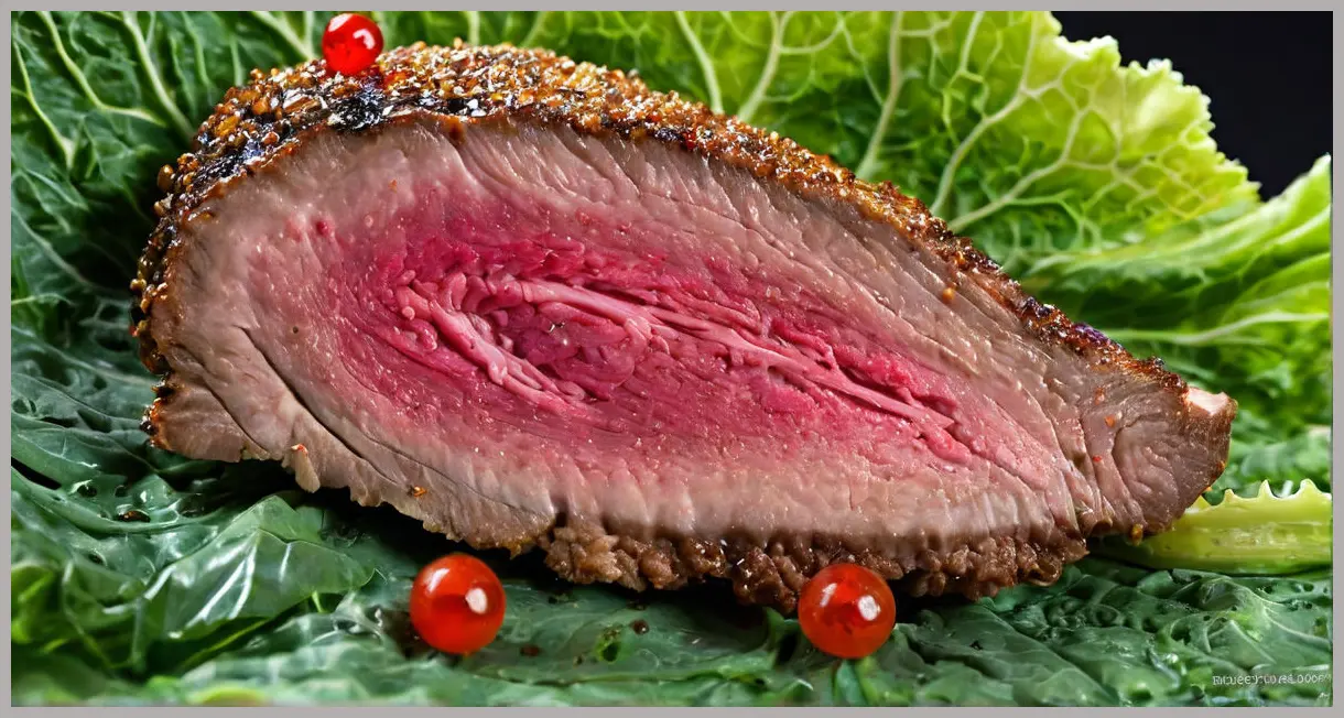 Extreme close-up of a seared beef slice on savoy cabbage, showcasing marbling, caramelized crust, and dewdrop soy sauce beads.