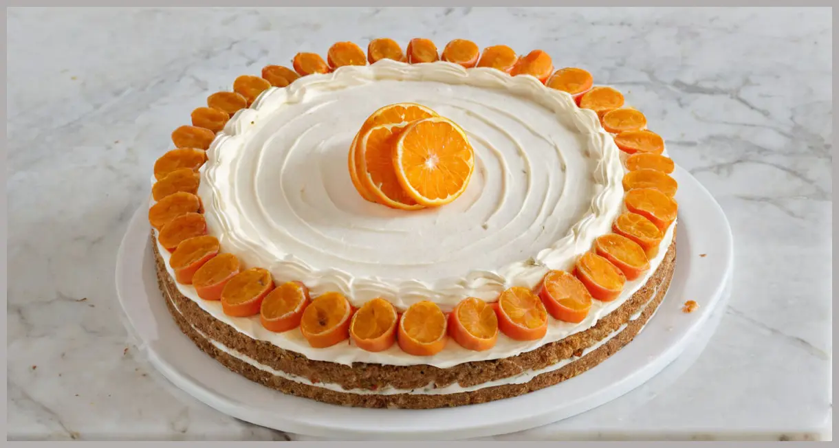 Paul Hollywood’s ultimate carrot cake sliced into eight pieces on marble, topped with swirled frosting and candied orange zest in soft studio light.