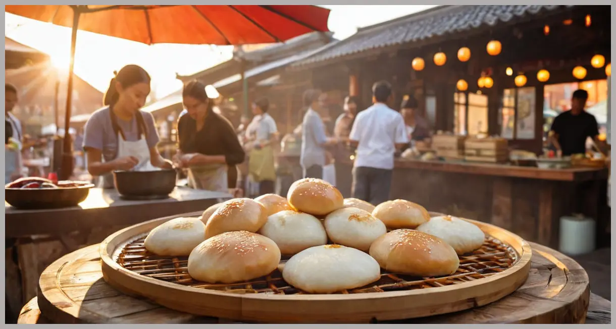 Wooden tray piled with steaming bao buns, braised shortrib, and pickled daikon at an outdoor market during golden hour.