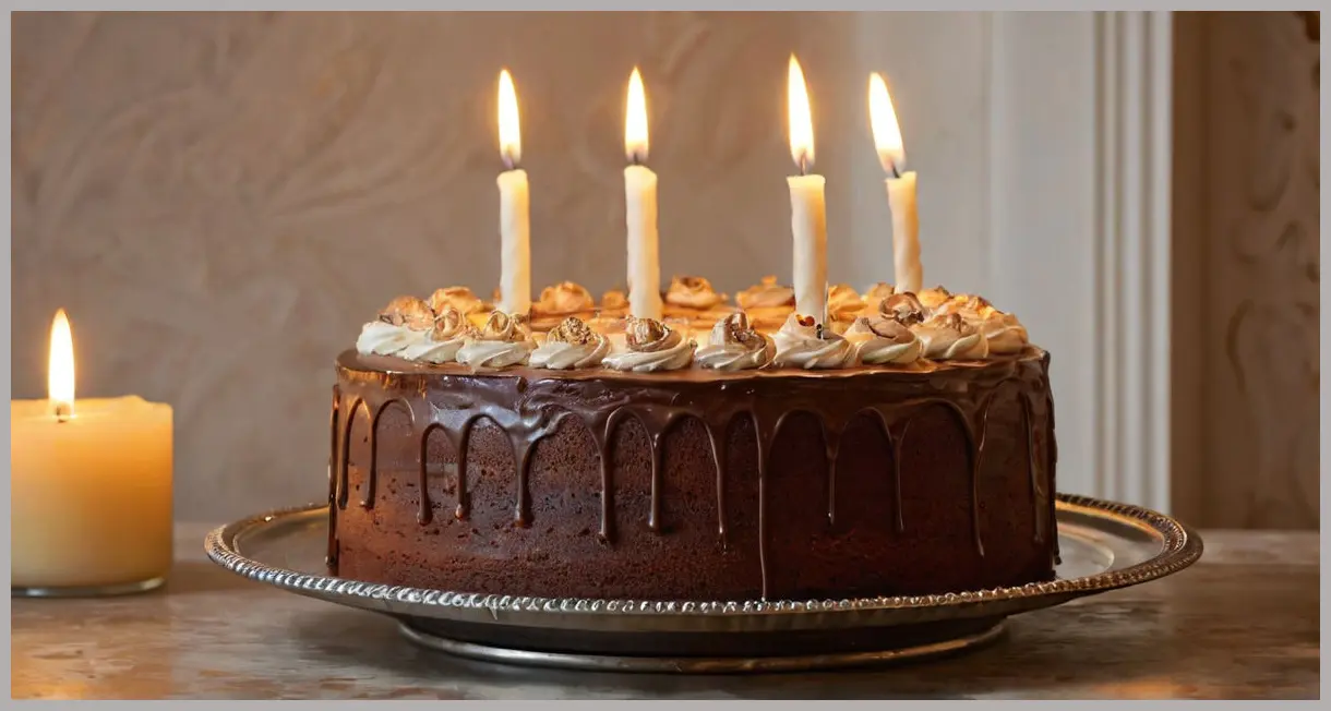 A side profile of Mary Berry’s malted chocolate cake on a silver tray, bathed in soft candlelight with flickering flames.