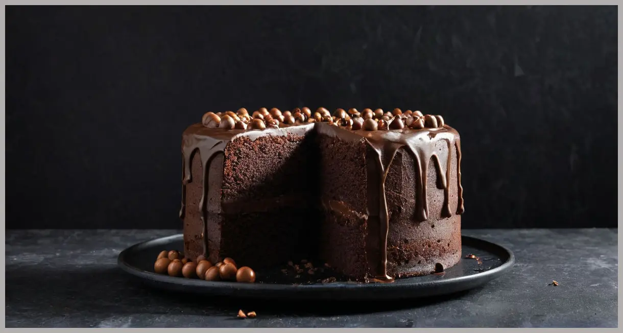 A wide-angle shot of Mary Berry’s malted chocolate cake under a dramatic spotlight, casting deep shadows on a slate platter.