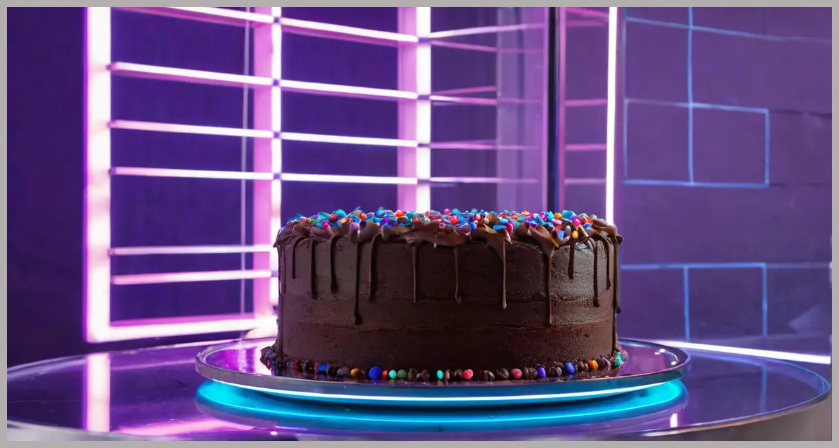 A dutch angle shot of Mary Berry’s malted chocolate cake under neon lights, casting vibrant reflections on a glass stand.
