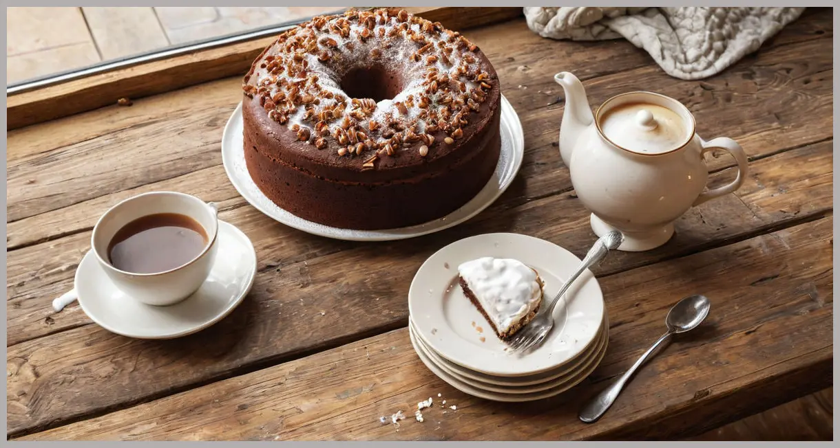 An overhead flat lay of Mary Berry’s malted chocolate cake on a wooden table, bathed in golden hour light with scattered Maltesers.