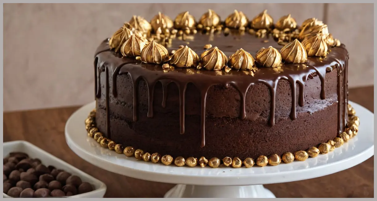 A close-up of Mary Berry’s malted chocolate cake with glossy icing and golden Maltesers, captured in soft studio light.