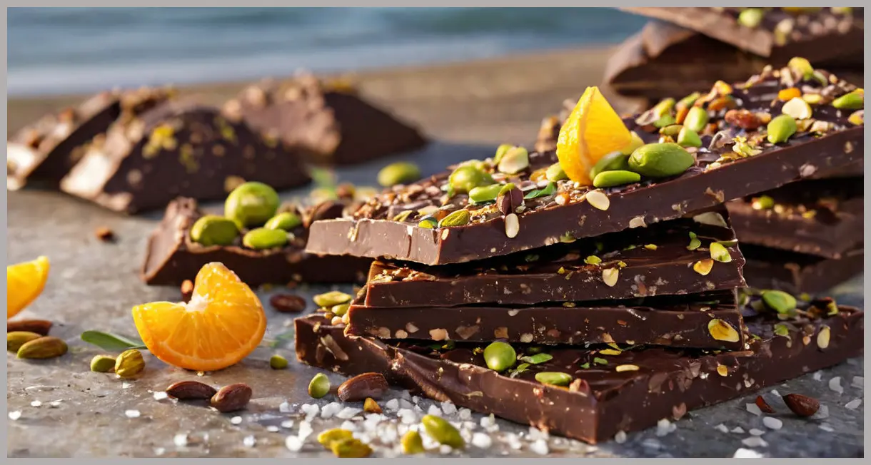 Dark chocolate bark with sea salt, rosemary, pistachios and candied citrus in golden hour light, ultra-detailed close-up with glossy textures.
