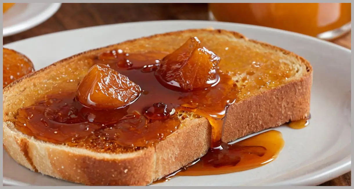 Extreme close-up of melted Membrillo (quince paste) dripping onto toast under candlelight, with gooey syrup texture and warm amber glow.