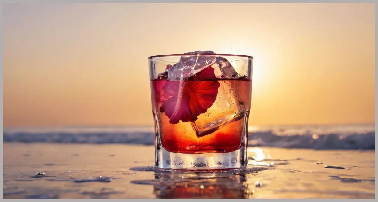 Macro shot of an ice cube melting in a hibiscus and kombucha mocktail, golden side light revealing bubbles and refraction. Hibiscus and kombucha sparkling mocktail