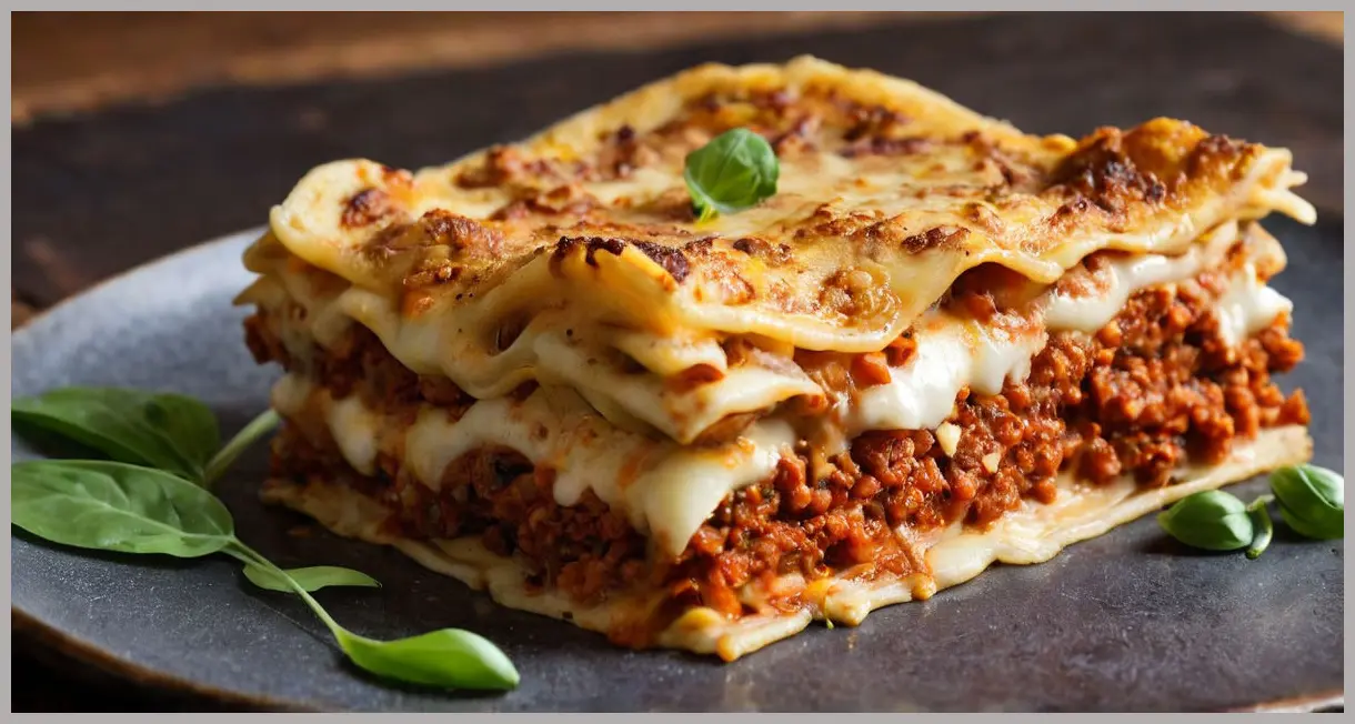 Extreme close-up of vegan wild garlic lasagne showing melted cheese stretch, layered ragù, and wild garlic on slate. Vegan wild garlic lasagne