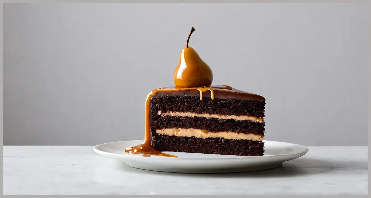 Side profile of a single slice of chocolate cake with caramel poached pears and chocolate buttercream, caramel dripping down, stark white plate against negative space.