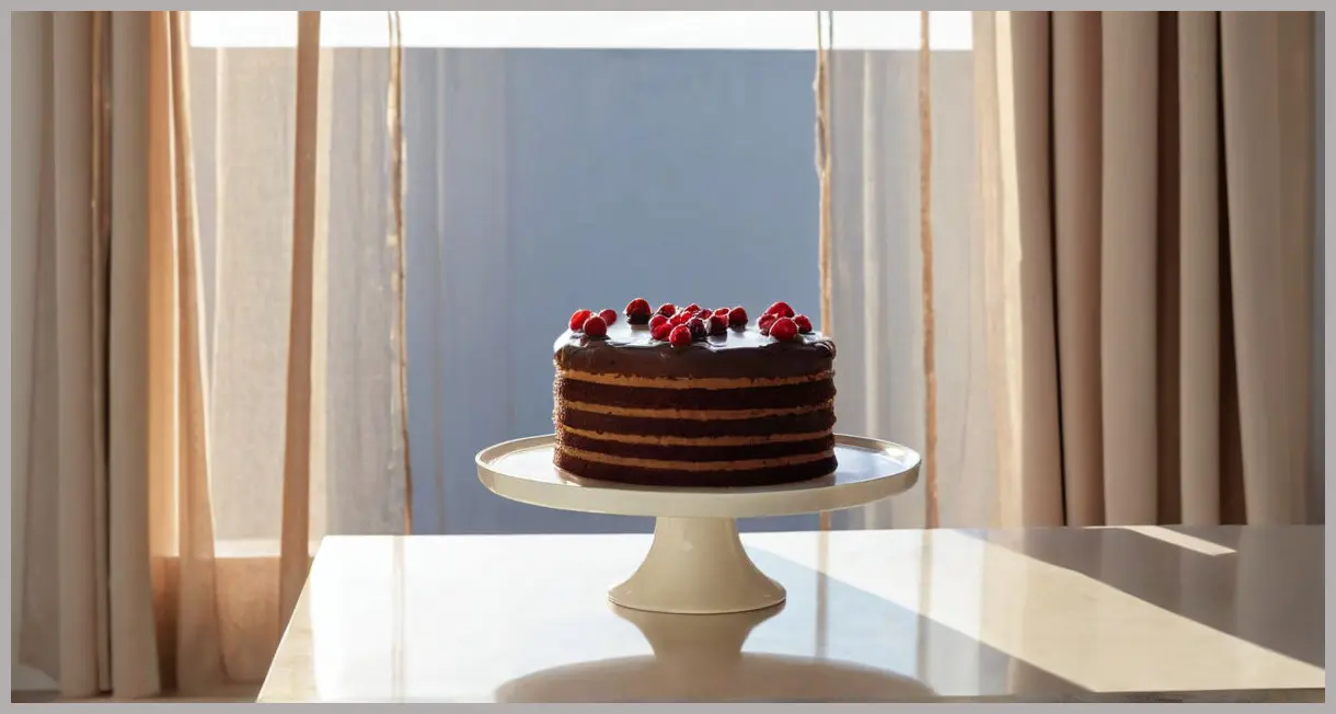 Vegan chocolate cake in a minimalist kitchen, morning light through sheer curtains, three tiers with jam layers, serene setting.