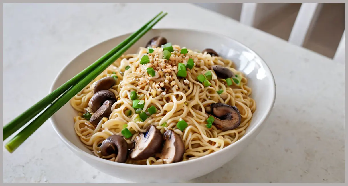Overhead shot of a minimalist ceramic bowl with Chinese noodles and mushrooms, garnished with spring onions, on a white table. Chinese noodles with mushrooms