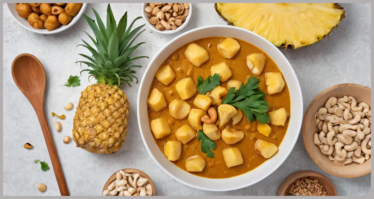 A top-down flat lay of curry in a white bowl, surrounded by cashews, pineapple, and coriander in soft natural light. Potato, pineapple and cashew curry