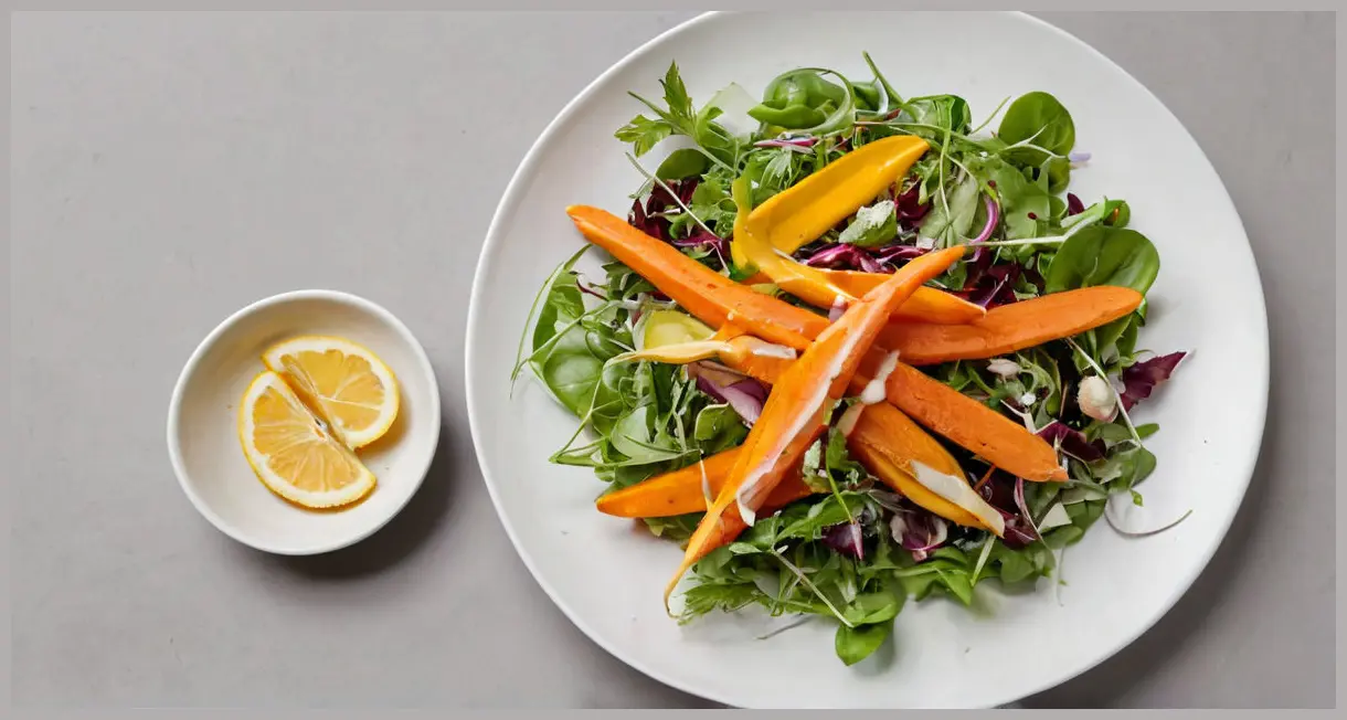 Wide-angle shot of Roasted rainbow carrot salad on a white platter with lemon slices and dressing. Clean, minimalist, and fresh.