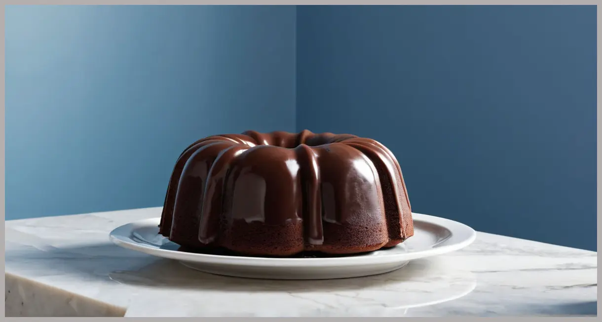 Minimalist shot of chocolate bundt cake on marble, cool blue lighting, ganache reflection highlighted. Secret-ingredient chocolate bundt cake