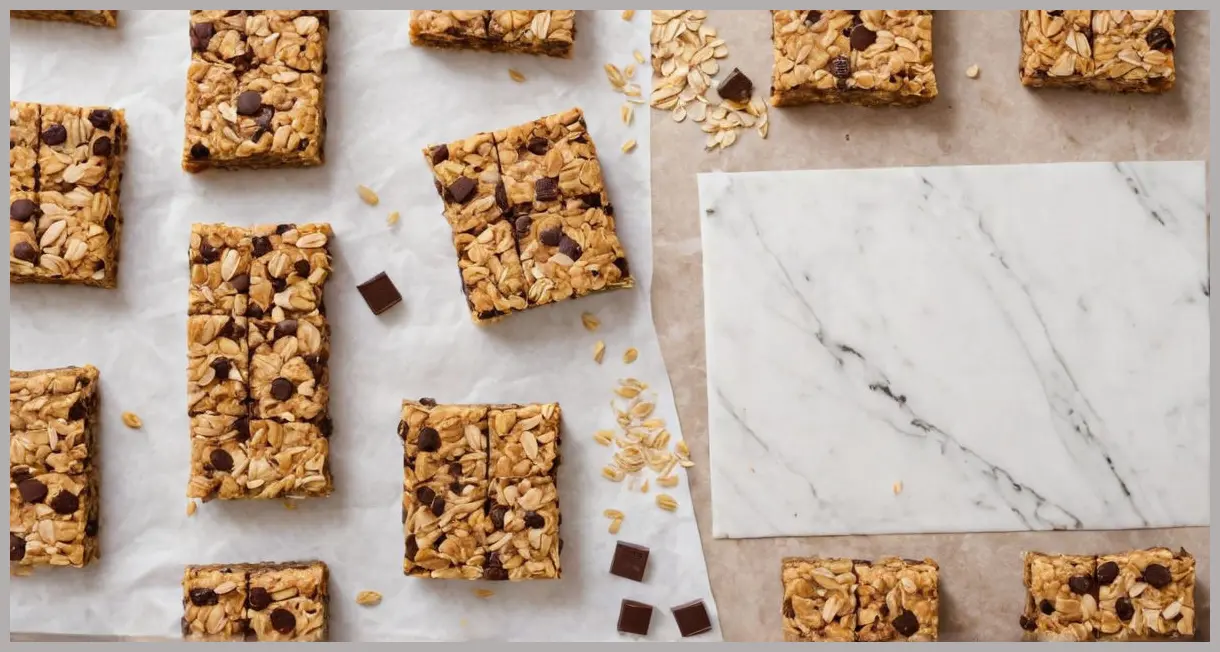 Overhead flat lay of vegan chocolate chip oat bars on parchment, scattered cocoa nibs, bright daylight on marble.