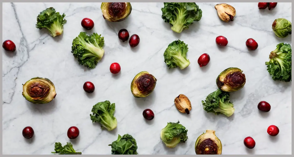 Flat lay of roasted Brussels sprouts, cranberries, and kale on marble with bright natural light. Roast sprouts, cranberries and kale